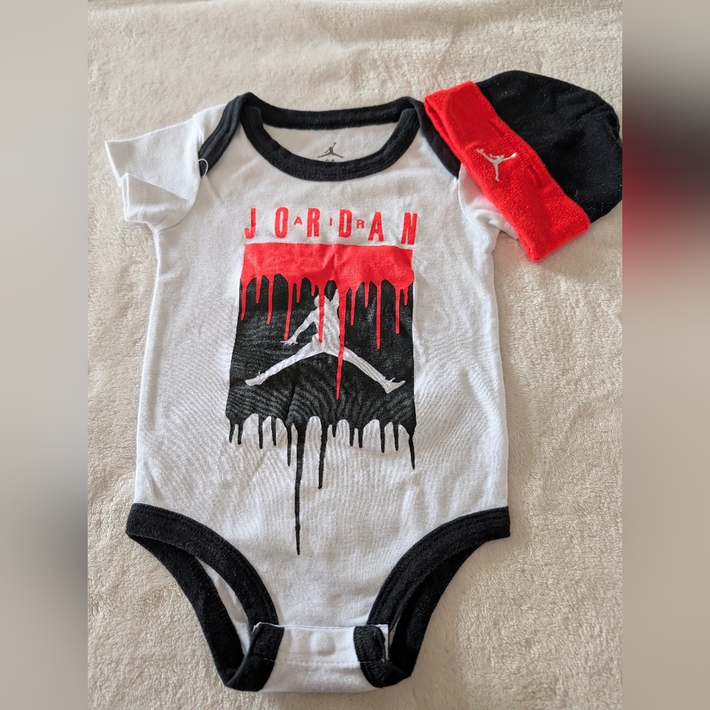 Jordan Infant One-Piece Bodysuit with Red & Black Graphic and Matching Cap